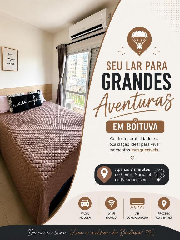 a poster for a hotel room with a bed at Apartamento inteiro em bairro nobre com conforto e ar-condicionado in Boituva
