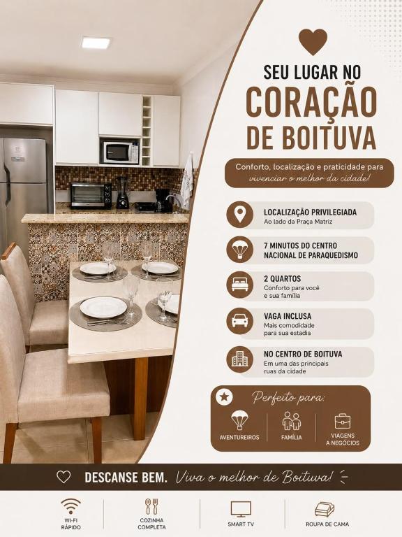 a flyer for a kitchen with a table with plates on it at Apartamento 2 Quartos em Excelente Localização no Centro de Boituva ao Lado da Praça Matriz com Garagem Gratuita in Boituva