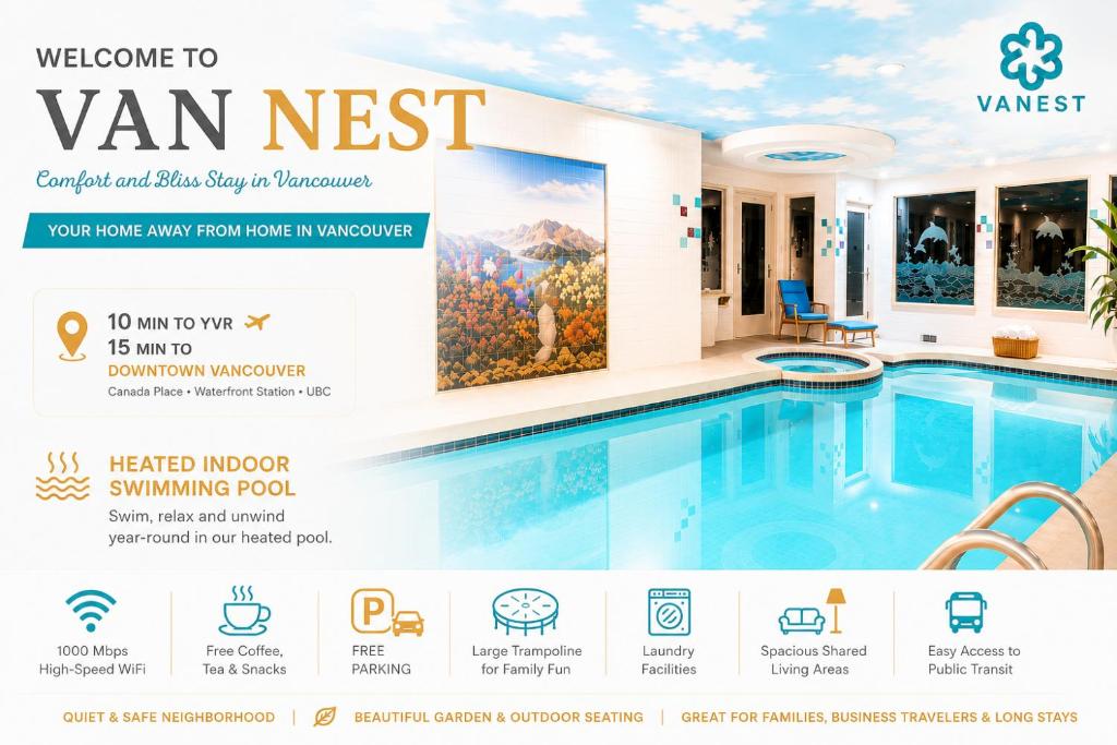 a flyer for a villa with a swimming pool at Van Nest near YVR UBC Downtown Free Parking in Vancouver