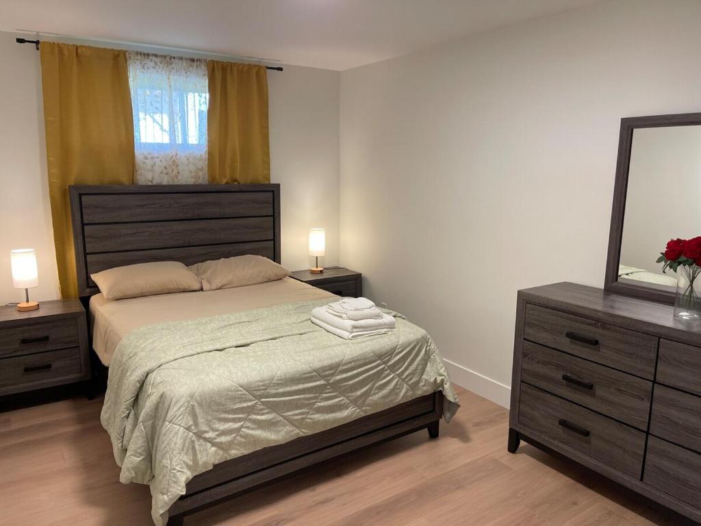 a bedroom with a bed and a dresser and a mirror at Orgive Suite - Private 1 Bedroom Apartment in Riverview