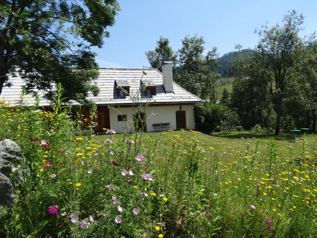 un campo di fiori di fronte a una casa di Klösterle Haus Resi ad Arriach