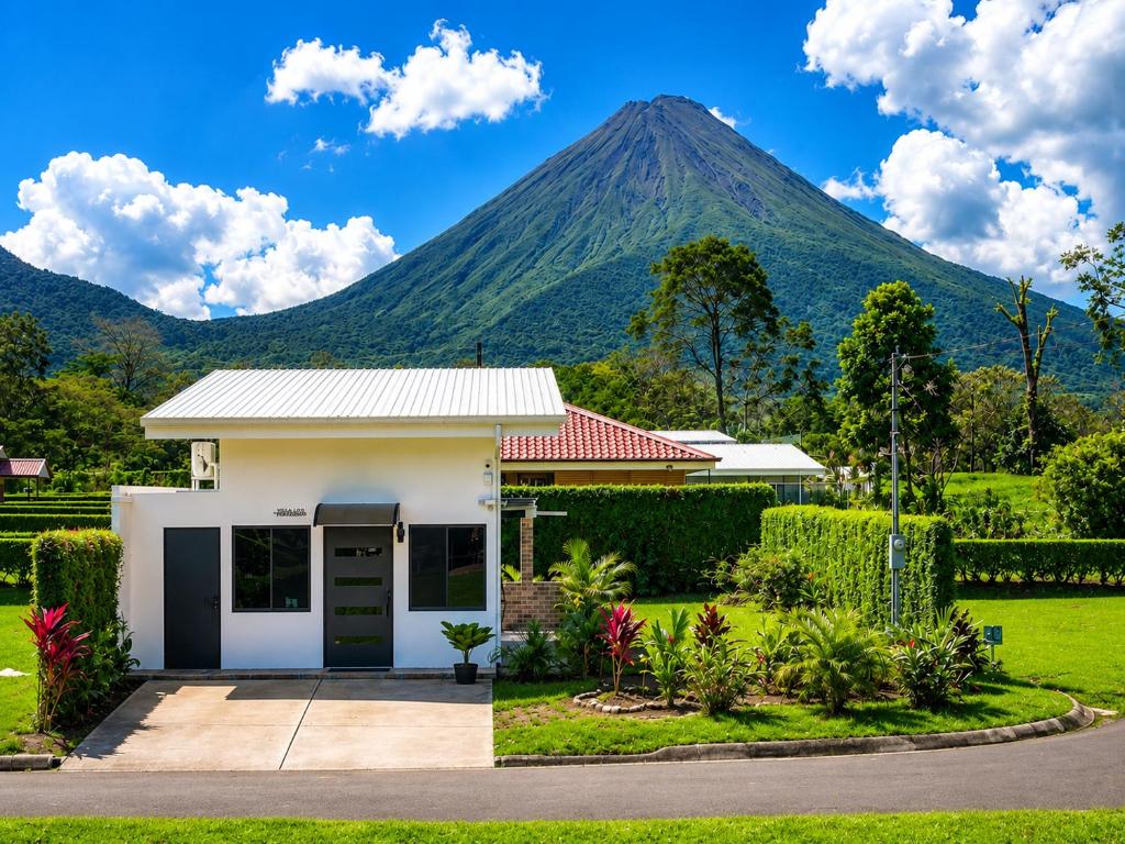 a house in front of a mountain at Villa Los Perezosos - Private Jacuzzi & Arenal Volcano View - La Fortuna in Fortuna