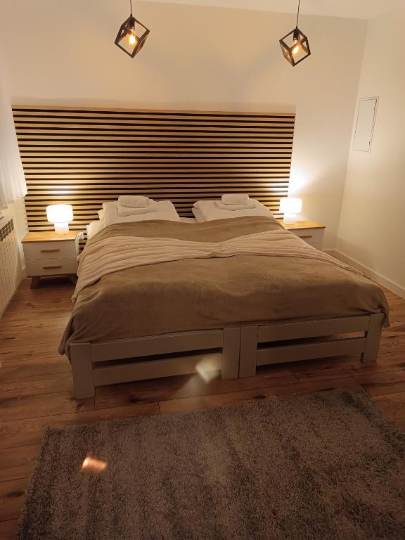 a bedroom with a large bed with a wooden headboard at Słoneczny Zakątek a in Złotów