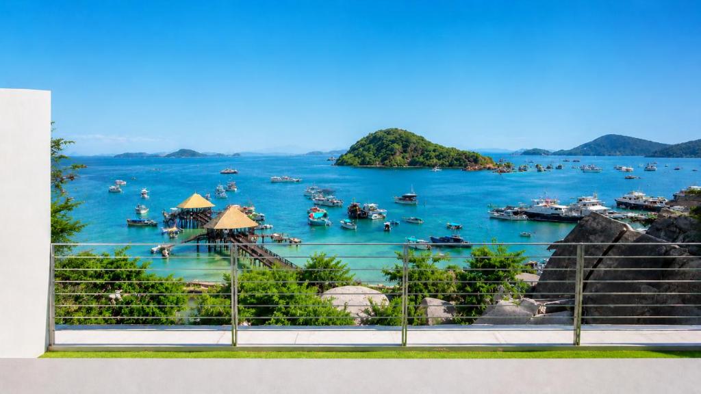 a view of a bay with boats in the water at Inn Room Hotel Bajo in Labuan Bajo