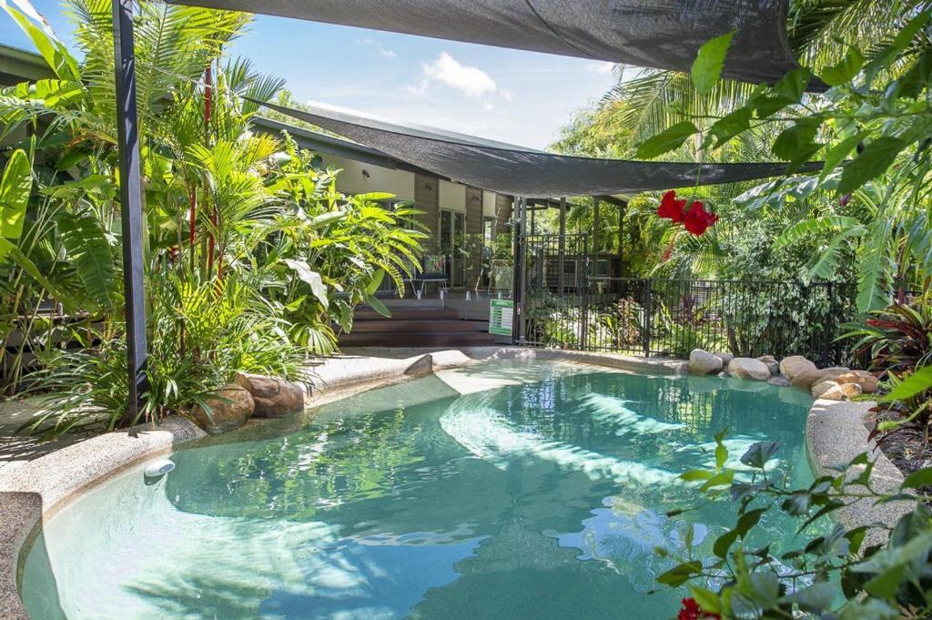 a swimming pool in the middle of a garden at Whispering Palms in Nelly Bay