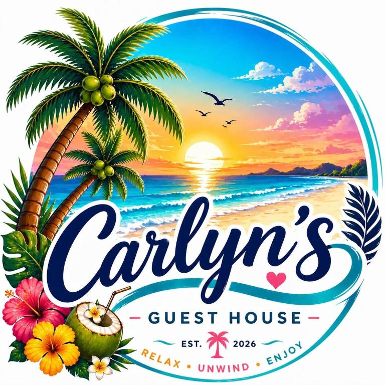 a sign for a guest house on a beach with a palm tree at Carlyn's Guesthouse in Maria