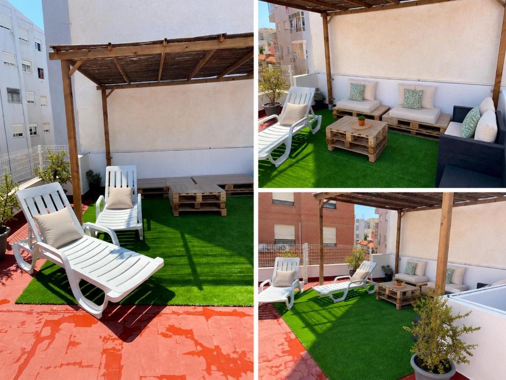 a group of four pictures of a patio with chairs and a table at Apartamentos SOL y ARENA in Almería