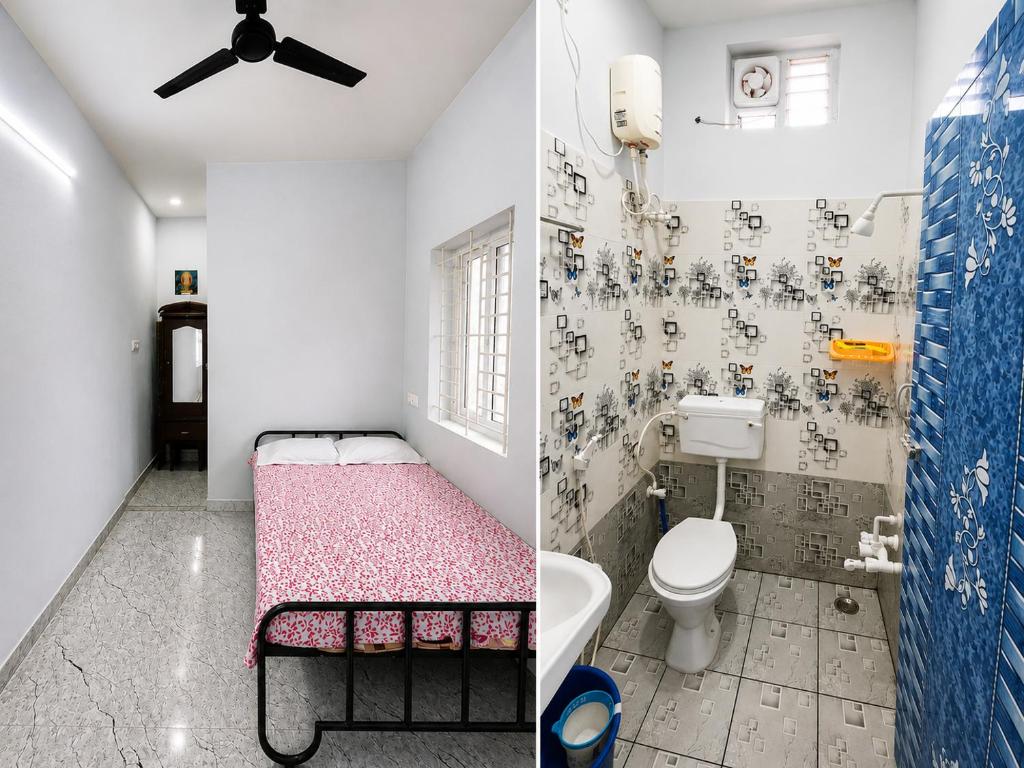 two pictures of a bathroom with a bed and a toilet at D stays in Alāndurai