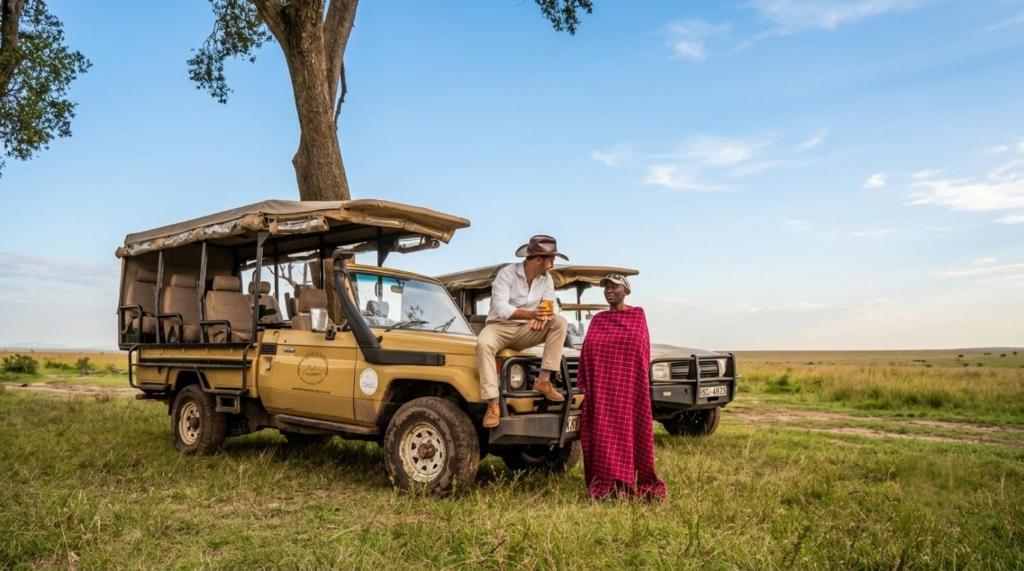 a man and woman standing next to a vehicle in a field at Exploreans Mara River Camp in Musiara Campsite