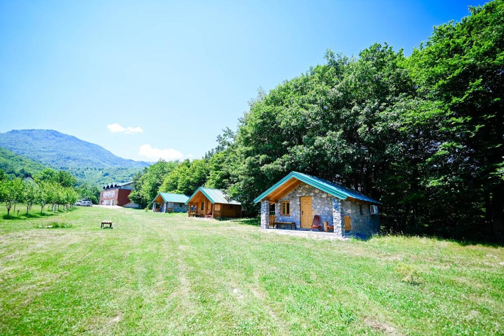 a group of small buildings in a field at Cottages Serdar in Mojkovac