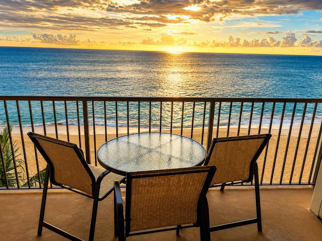 a table and chairs on a balcony with the ocean at Hawaiian Princess Beachfront 1BR in Waianae