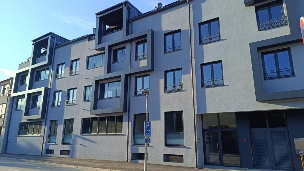 an apartment building with blue windows on a street at Apartman Rena in Ivanec