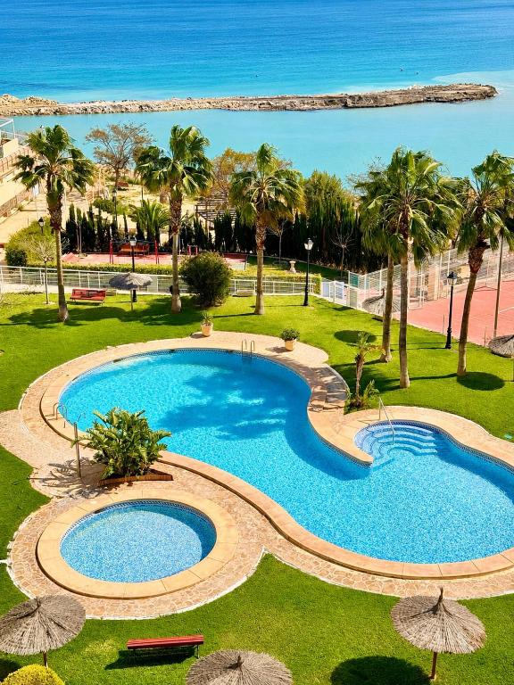 an overhead view of a swimming pool with palm trees and the ocean at Frente al mar , Piscina ,Playa in El Campello
