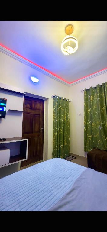a bedroom with a bed and a tv and green curtains at PeaceNest in Idowu