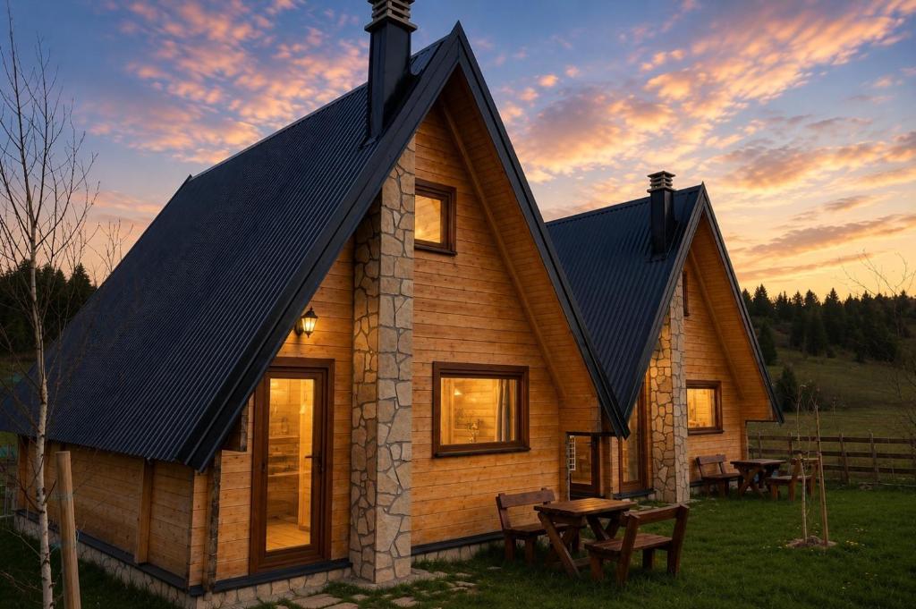 a wooden house with a black roof and a table at Portes du Soleil - Zabljak in Žabljak