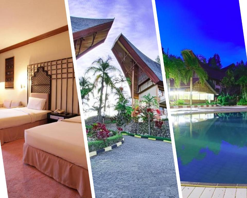 a hotel room with a bed and a swimming pool at Hotel Sahid Toraja in Makale