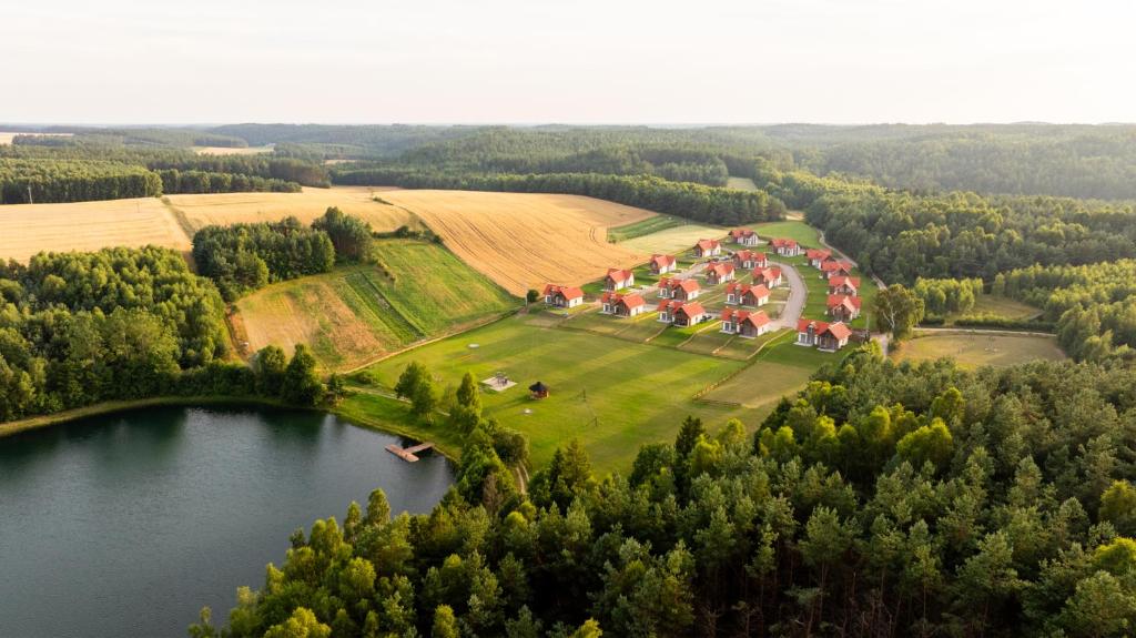 an aerial view of a group of houses next to a lake at Osada Wiśniewo in Płótowa