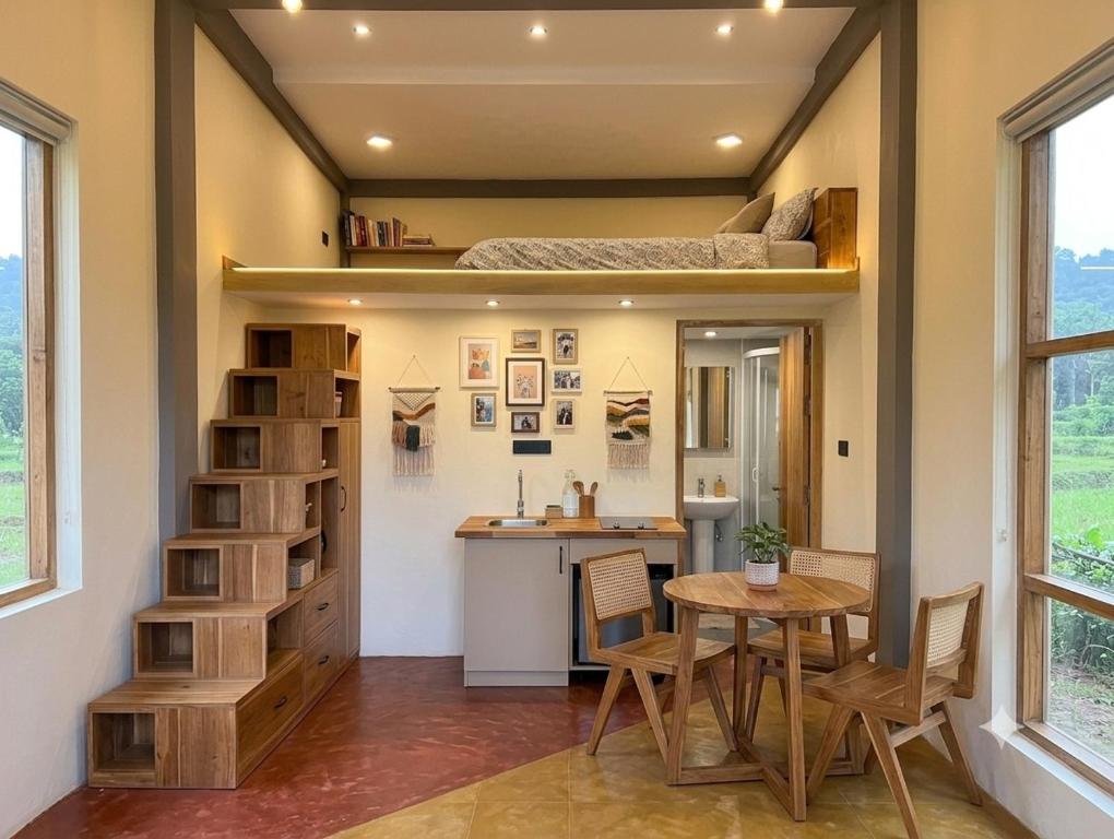 a room with a table and chairs and a bunk bed at Moon Garden Hotel And Restaurant in Arugam Bay