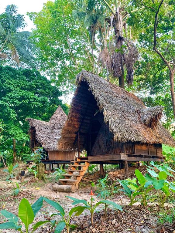 a small hut with a thatched roof and a staircase at Jungle Cabin - Satori Natural in Puerto Nariño