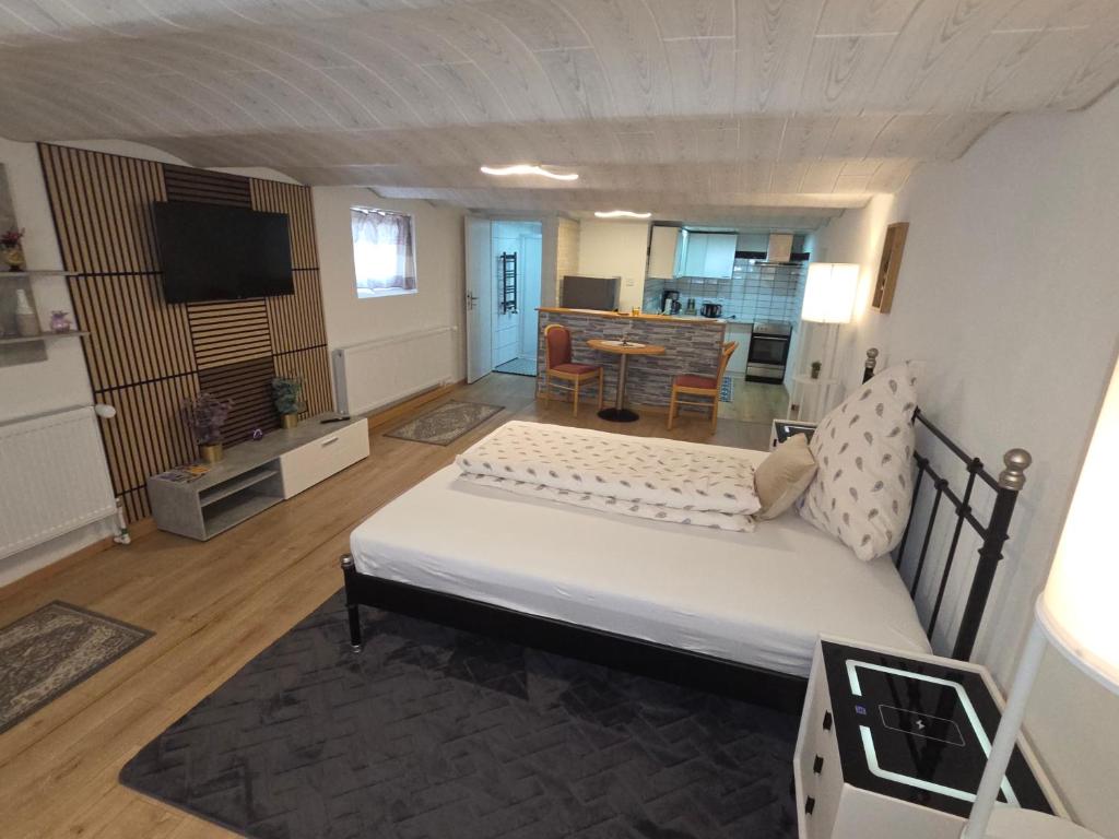 ein Schlafzimmer mit Bett und ein Wohnzimmer in der Unterkunft Panoramic Hause in Uttenweiler