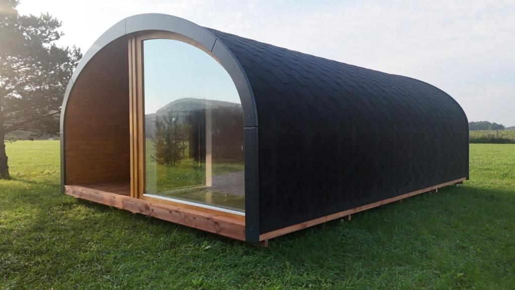 a small dome house with a window on the grass at POD mit Bad 84 in Hüde