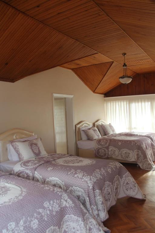 - une chambre avec deux lits et un plafond en bois dans l'établissement VİLLA ATA ATAKENT, à Trabzon