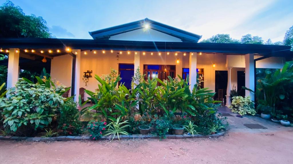 a house with lights and plants in front of it at Fairview Dill homestay in Sigiriya