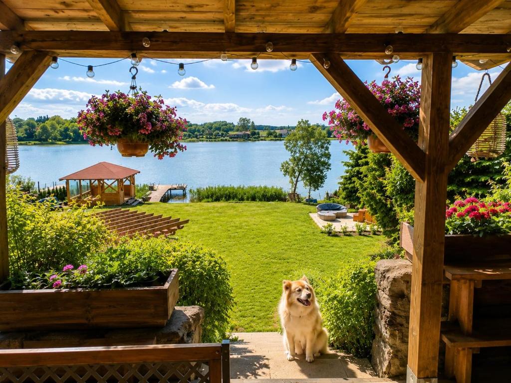 Ein Hund sitzt unter einer Pergola neben einem See in der Unterkunft Sentane in Swiętajno