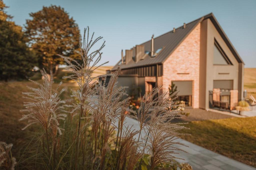 a brick house with a black roof at Enklawa - Apartamenty z balią w otoczeniu natury in Nowy Podleś