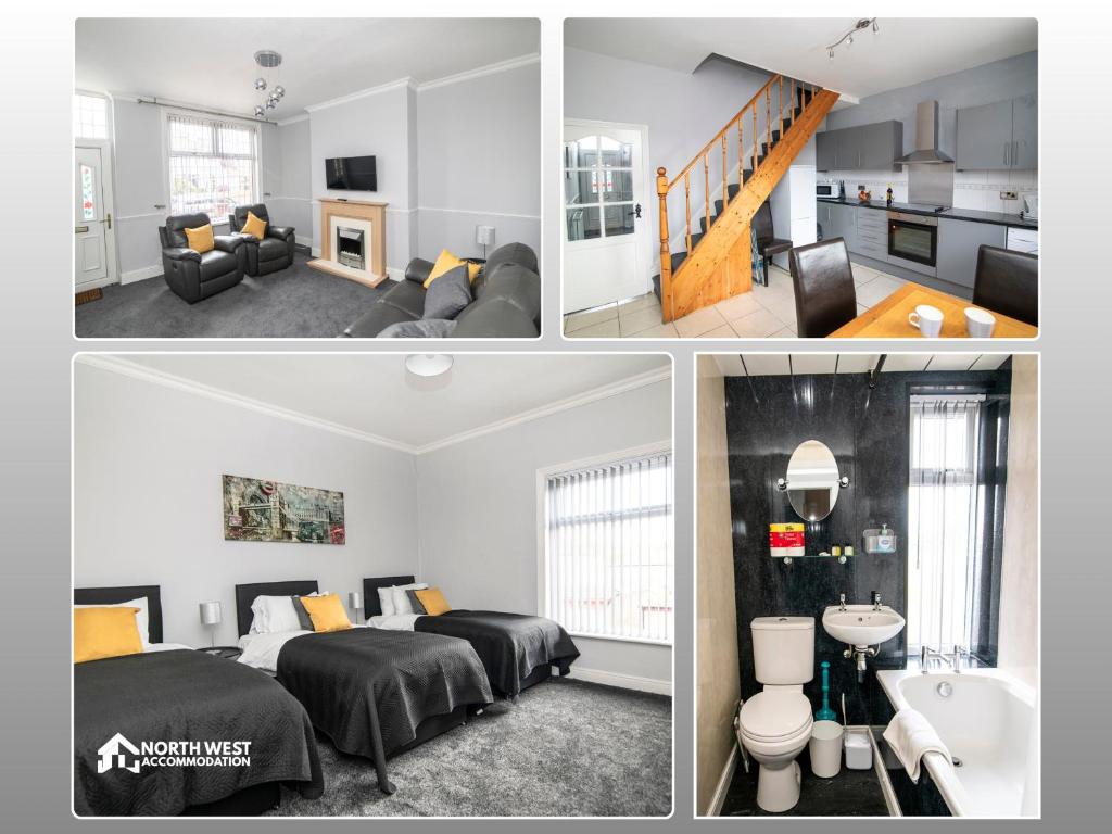 a collage of four pictures of a bedroom at Comfy 2-Bedroom Family & Contractor Home in Bolton with Free Wi-Fi and Street Parking By North West Accommodation in Bolton