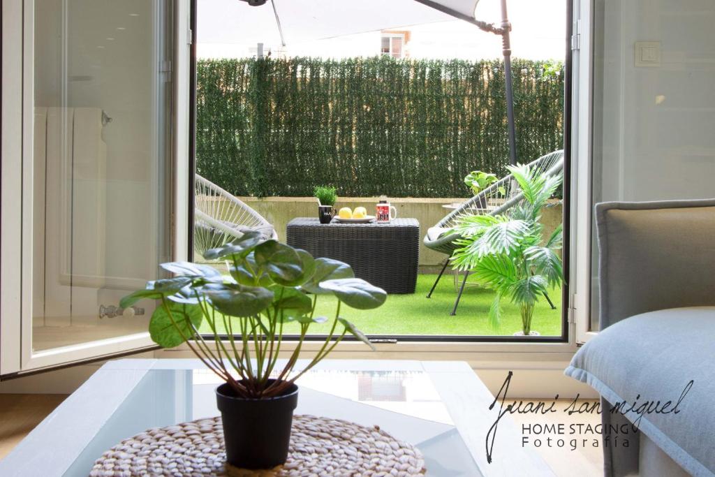 a room with a glass door with a plant on a table at Casa Alma in Villamediana de Iregua