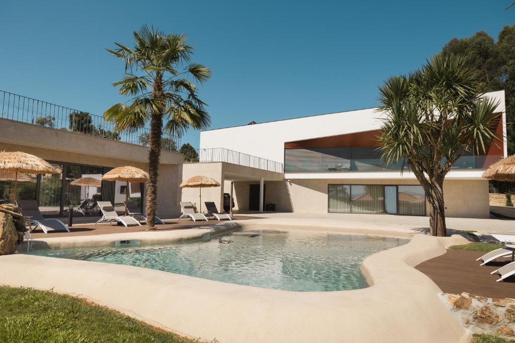 ein Haus mit Swimmingpool und Palmen in der Unterkunft Maison Vale in Amarante