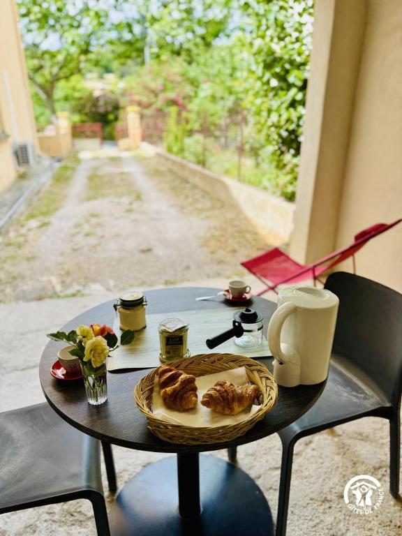 a table with a plate of food on it at L'oustal de sandy in Cascastel-des-Corbières