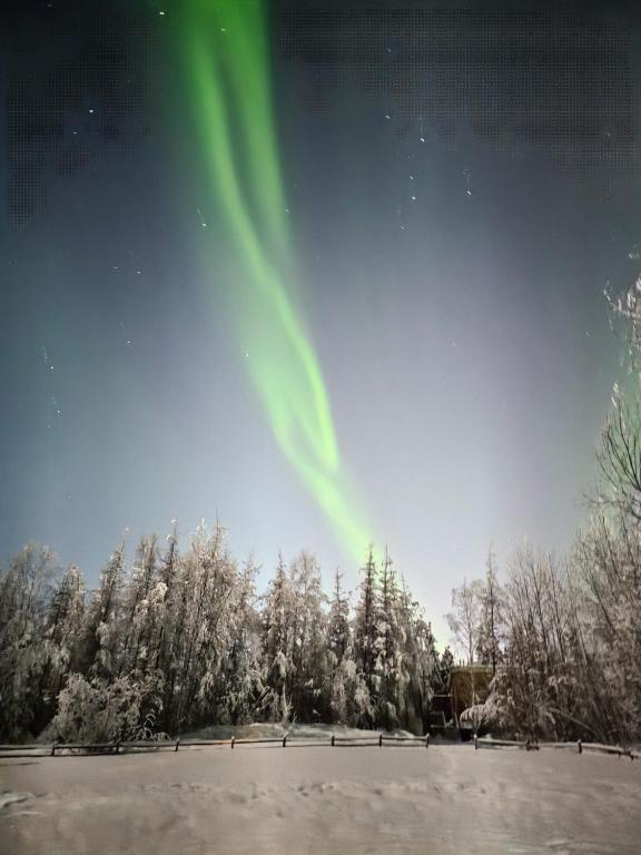 an image of the aurora in the sky over a snow covered field at Cozy Christmas Cabin in North Pole