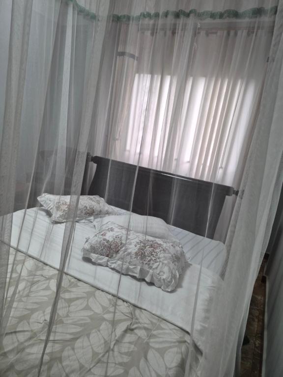 a bedroom with a bed with white curtains at Dinah villas ug in Entebbe