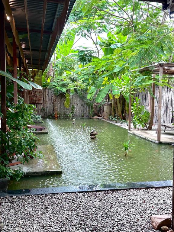 a pond in a garden with ducks in it at CasaWa Homestay Hue in Thôn Trường Giang