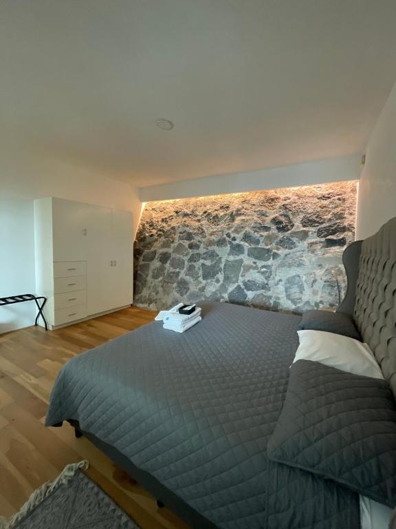 a bedroom with a large bed with a stone wall at Loft with Pool, Gym & A/C Suite in Querétaro