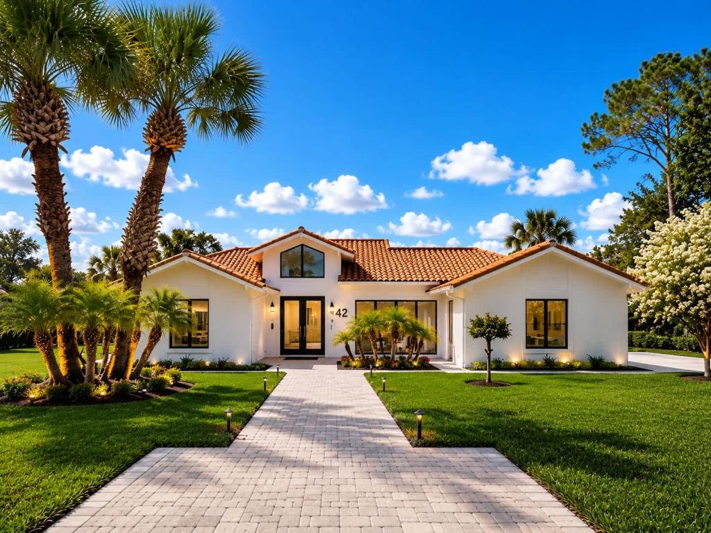 a home with palm trees and a pathway at SWISS 42 - Golf Course in Clermont