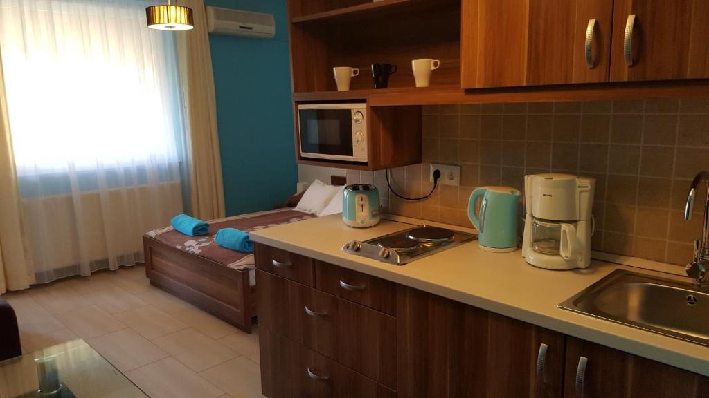 a kitchen with a counter top with a microwave at Apartment Color Beach in Siófok