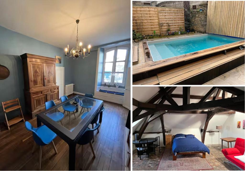 a room with a swimming pool and a dining room at La maison aux volets bleus in Laval