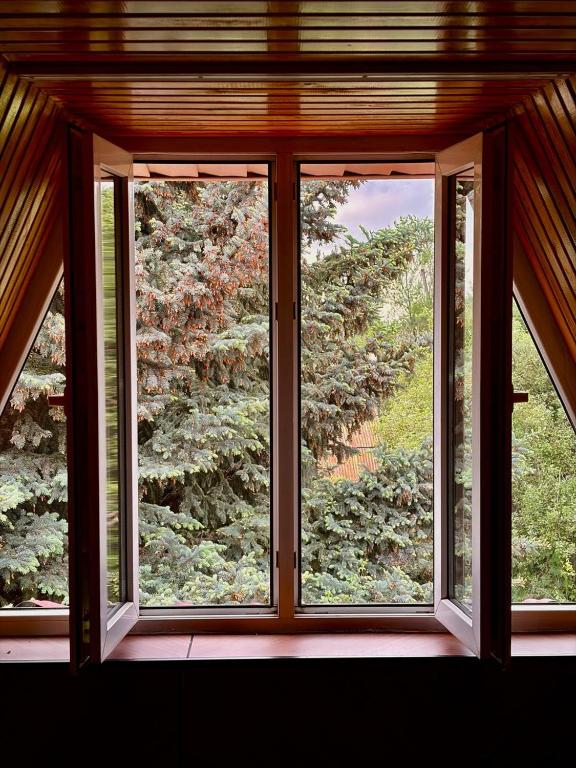 a window in a room with a view of a garden at Remizovka Mount in Almaty