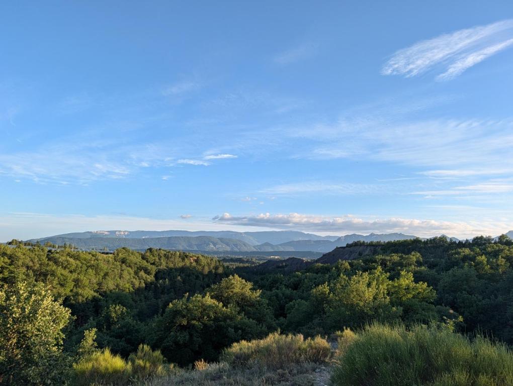 a view of a forest with mountains in the distance at Campagne Vallauris gites in Vaumeilh