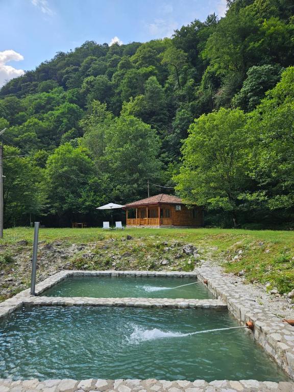 a pool of water with a building in the background at Kaghu in Martvili