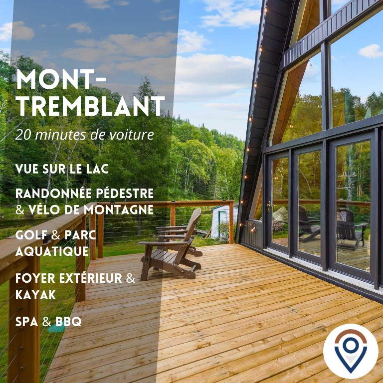 a flyer for a home with a wooden deck at Chalet au Bord de l'Ecluse in Brébeuf