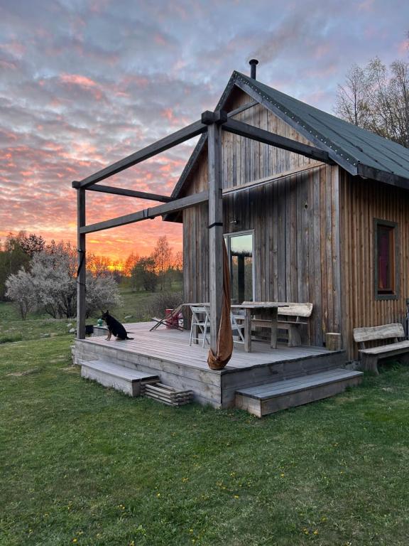 a wooden cabin with a picnic table and a cat sitting outside at Olejarnia Godki in Jonkowo
