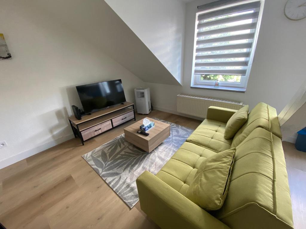 a living room with a couch and a tv at Nid Douillet in Forbach