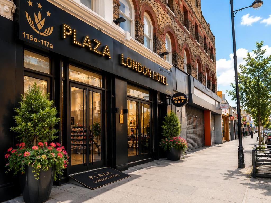 a store on a city street with flowers in front at Plaza London Hotel in London