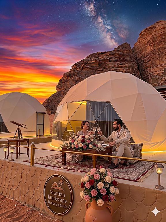a rendering of people sitting in domes in the desert at MARTIAN LANDSCAPE lUXURY CAMP in Wadi Rum