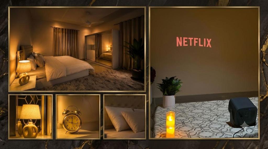 a collage of four pictures of a hotel room at غرف سكون Vip للأجار اليومي والاسبوعي in Al Khawḑ