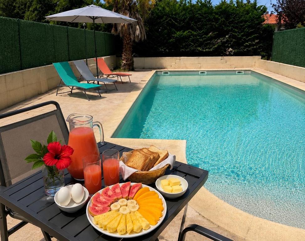 a tray of food on a table next to a swimming pool at La Escapade Cubaine in Villeneuve-sur-Lot